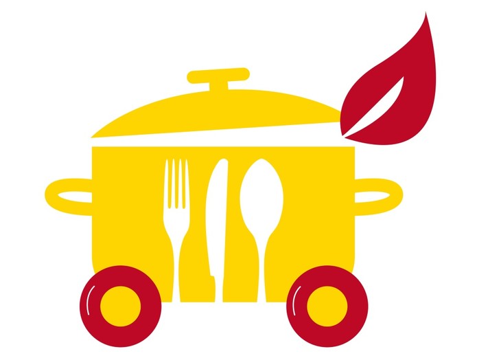 Das Bild zeigt einen gemalten gelben Kochtopf, der rote Räder hat und auf dessen Vorderseite Gabel, Messer und Löffel abgebildet sind.